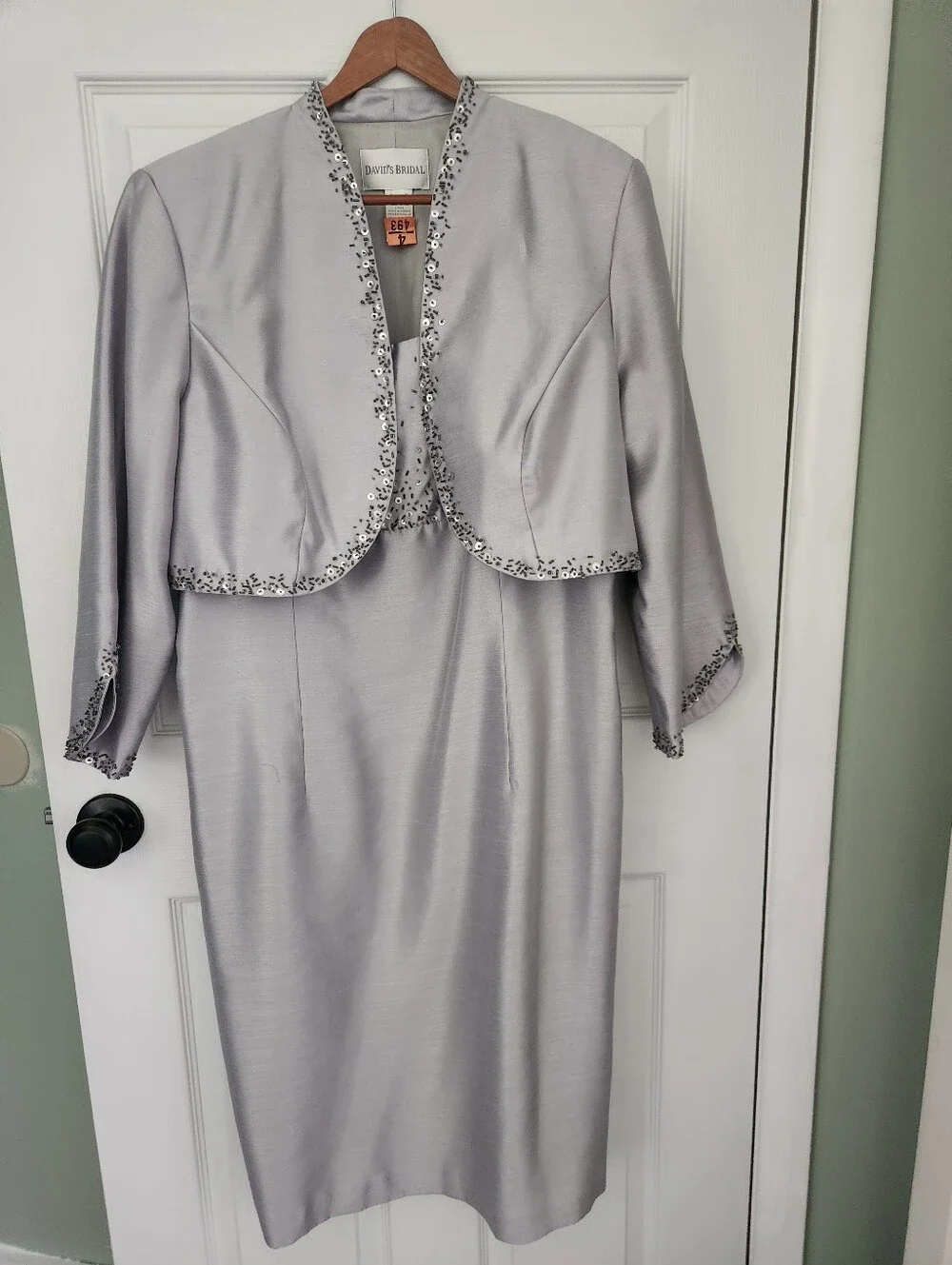 David's Bridal Silver Beaded Midi Dress